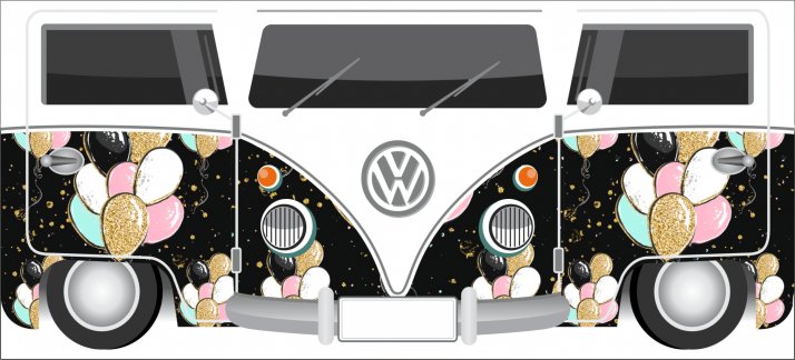 Plantilla para tazas: Kombi negra con globos de colores, Volkswagen - Cómicas