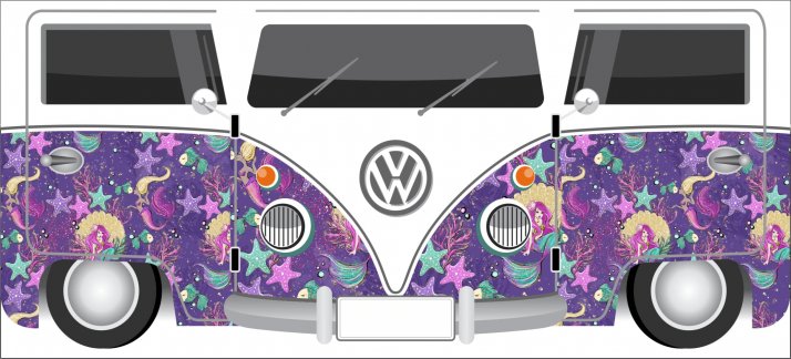 Plantilla para tazas: Kombi morada con estampados coloridos, Volkswagen - Cómicas