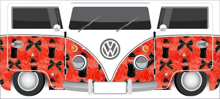 Plantilla para tazas: Kombi roja con estampados de Coca-Cola, Volkswagen - Cómicas