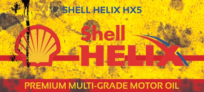 Plantilla para tazas: Lata de aceite, Shell Helix - aceite para motor premium - Cómicas